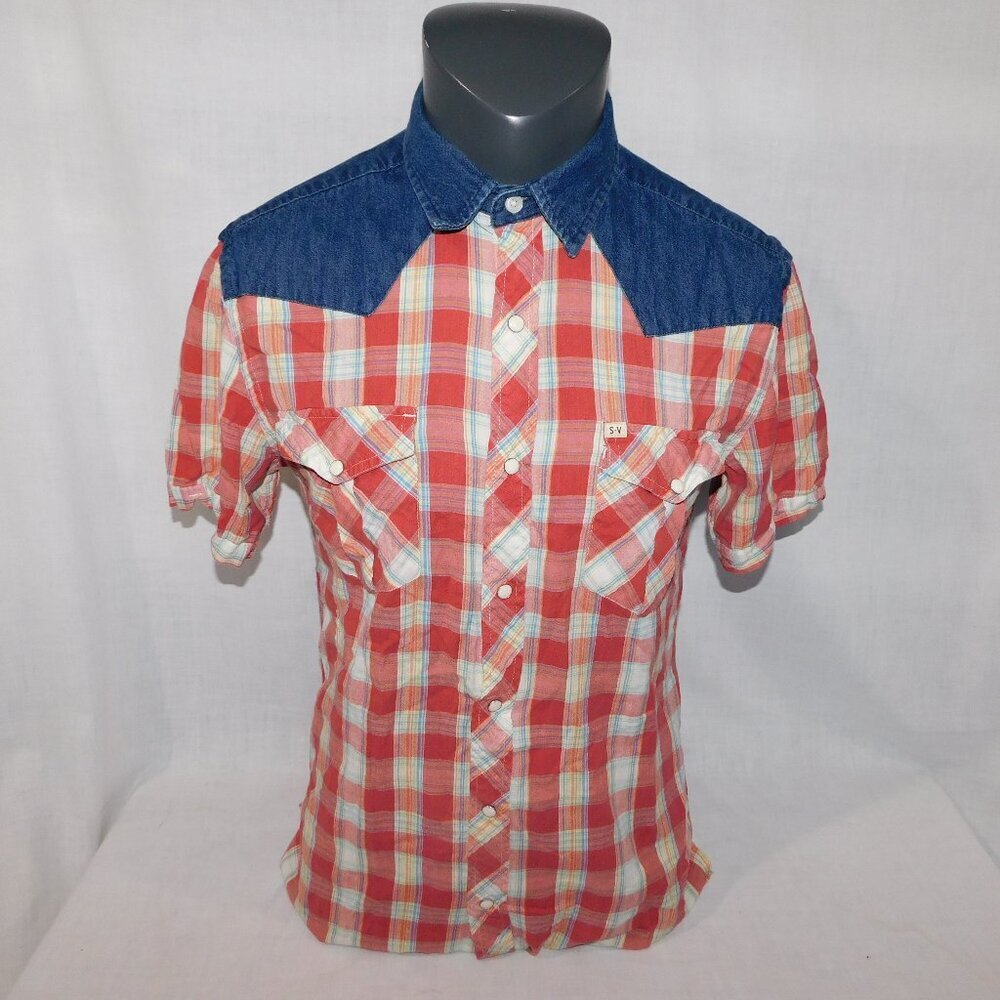 Salt Valley Western Mens M Red Plaid Denim Detail Short Sleeve pearl Snap Shirt